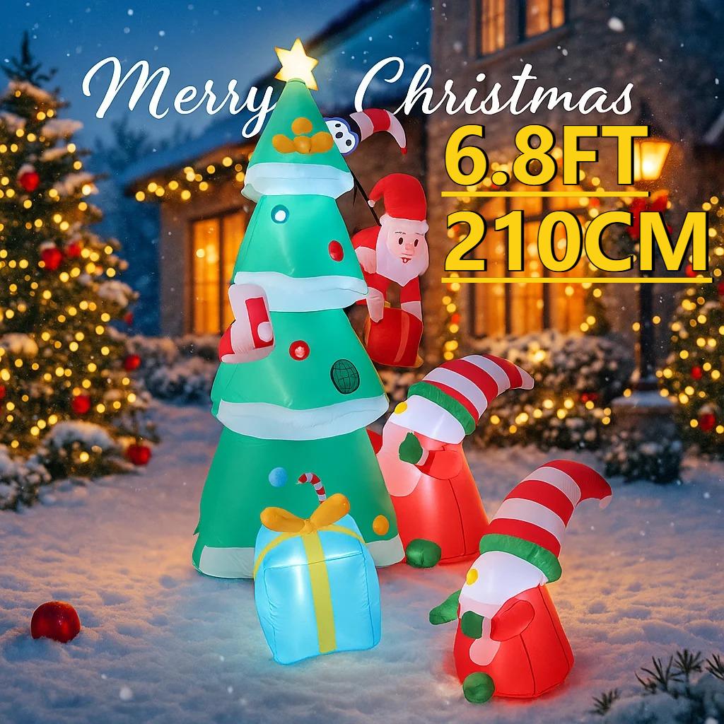 6.8FT LED Lit Inflatable Xmas Yard Decor Christmas Tree with Santa Elf Penguin Christmas Supplies Home Decor Ornaments Toy Gifts