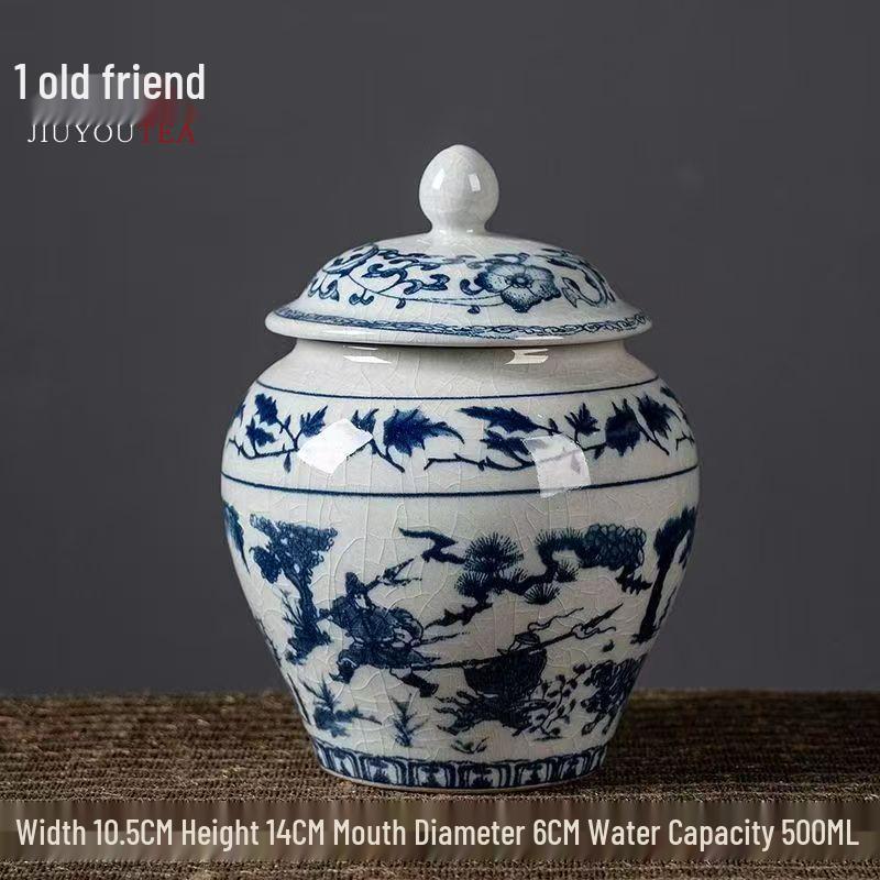 Blue & White Ceramic Tea Storage Jar - Retro Pottery Design, Moisture-Proof Seal
