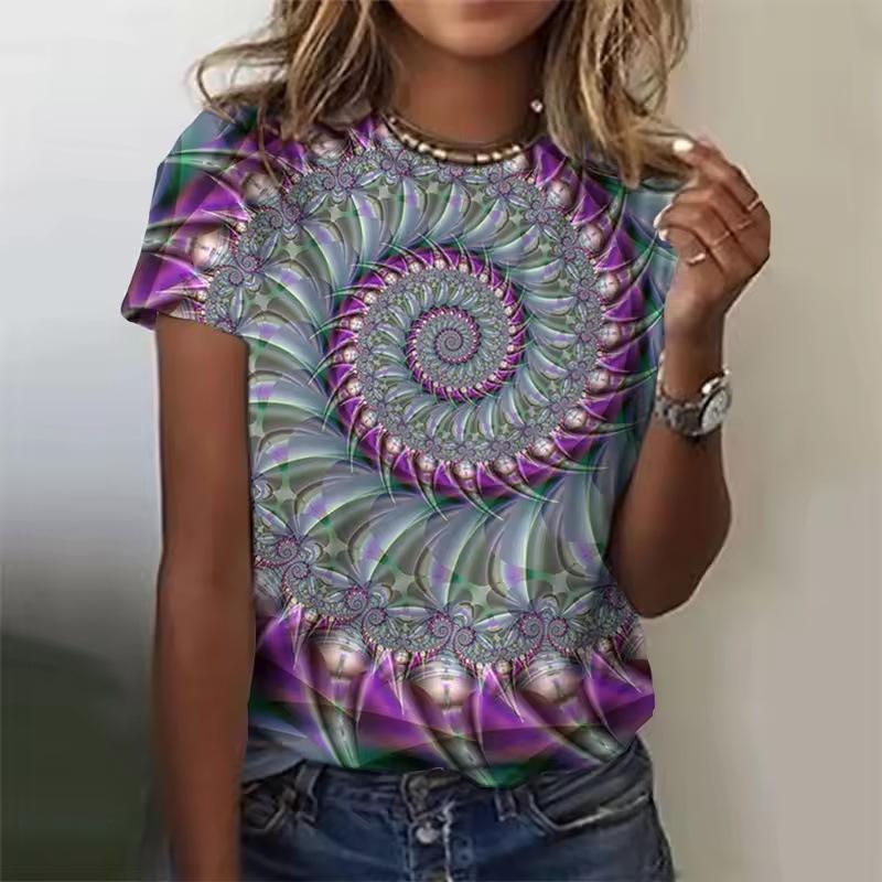 3D Printed Color Rotating Pattern T-shirts Summer Retro Loose Round Neck Short Sleeved Women's T-shirts