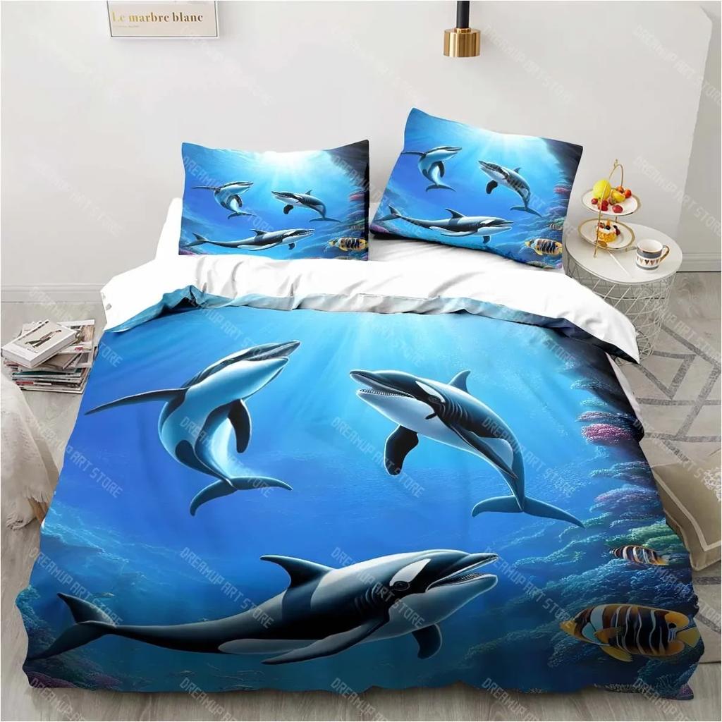 Ocean World Underwater World Dolphin Printed Bedding Set Bedroom Home Decor Bedspread Pillowcase Quilt Cover Bedding Set Luxury