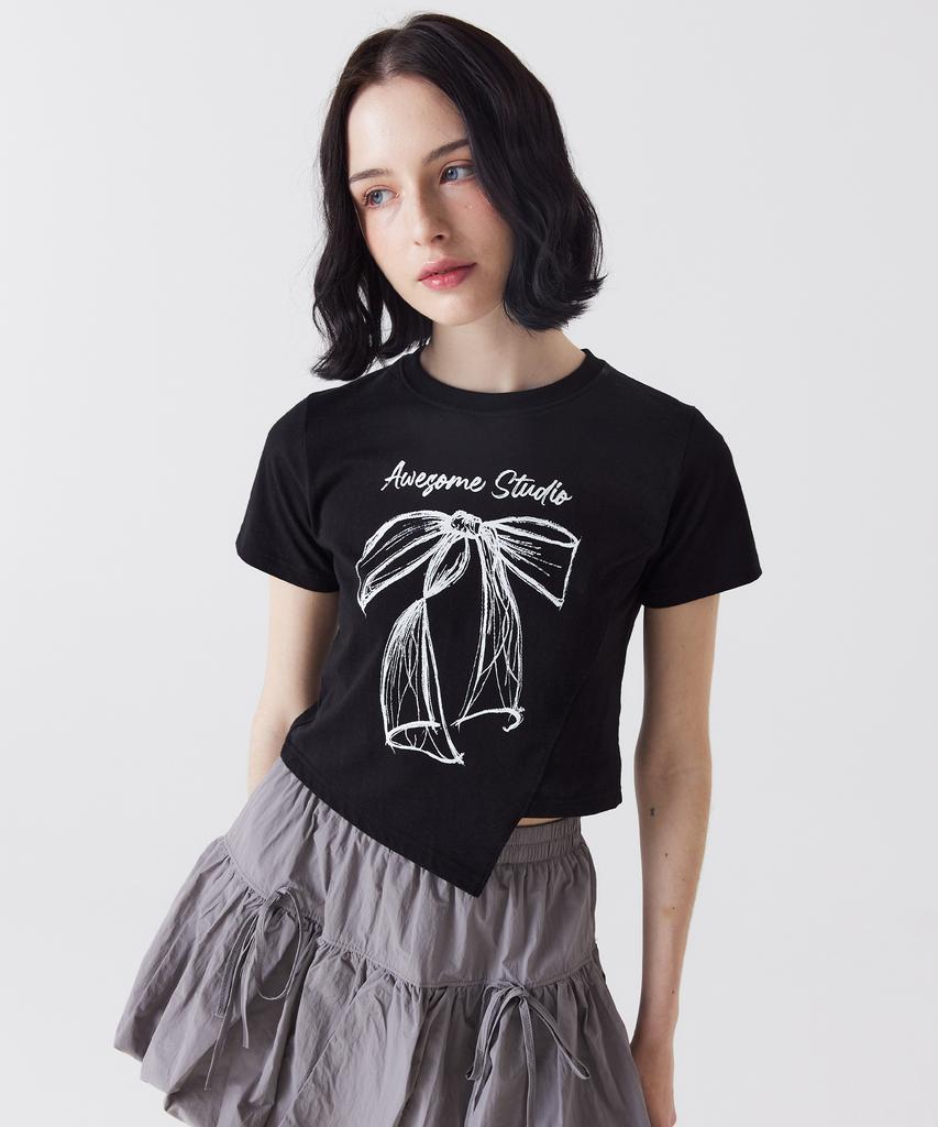 AWESOME STUDIO Asymmetrical Crop Short Sleeve T-Shirt Ivory