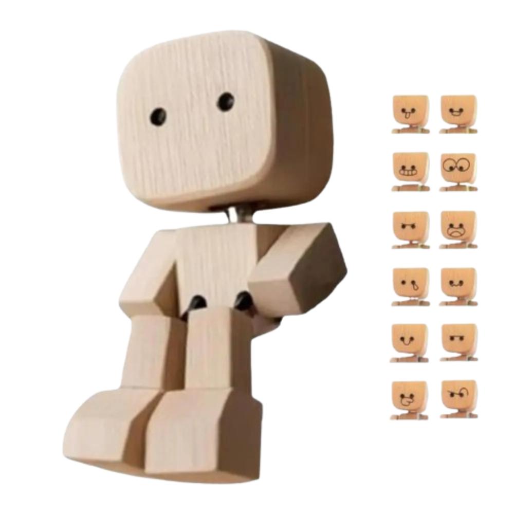 Mini Shaking Wooden Man Figurine 12 Expressions Leg-swinging Leg Shaking Wooden Figure Cute Funny Robot Figurine Ornaments