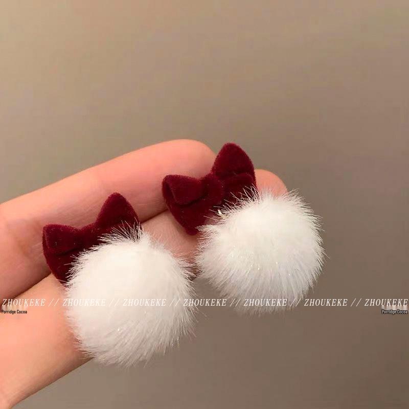 

Red Velvet Bow Plush Earrings - New Year 2025 Pom-pom Studs for Women