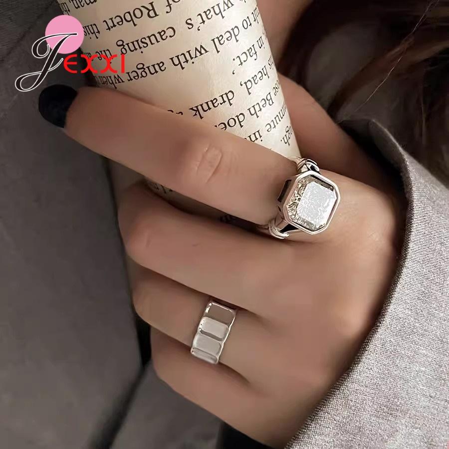 New Simple Crystal Couple Rings Adjustable 925 Sterling Silver Opening Ring Set For Women Men Wedding Fashion Jewelry Gifts