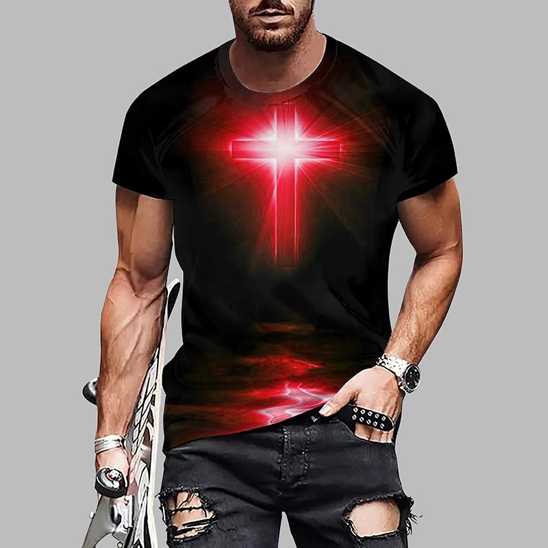 New Summer Men's Fashion T-shirt Personality Cross Printed Men's T-shirt Top