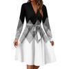 Women's Fashion Casual V-Neck Long Sleeve Waist Floral Print Midi Dress