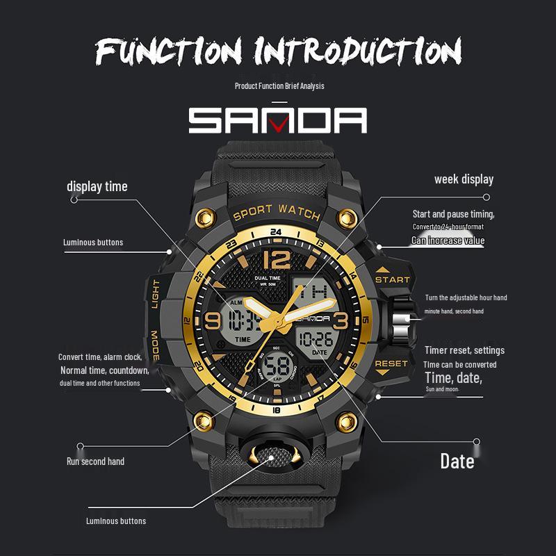 Sanda Fashion Waterproof Dual-Display Sports Watch with Luminous Features for Teens
