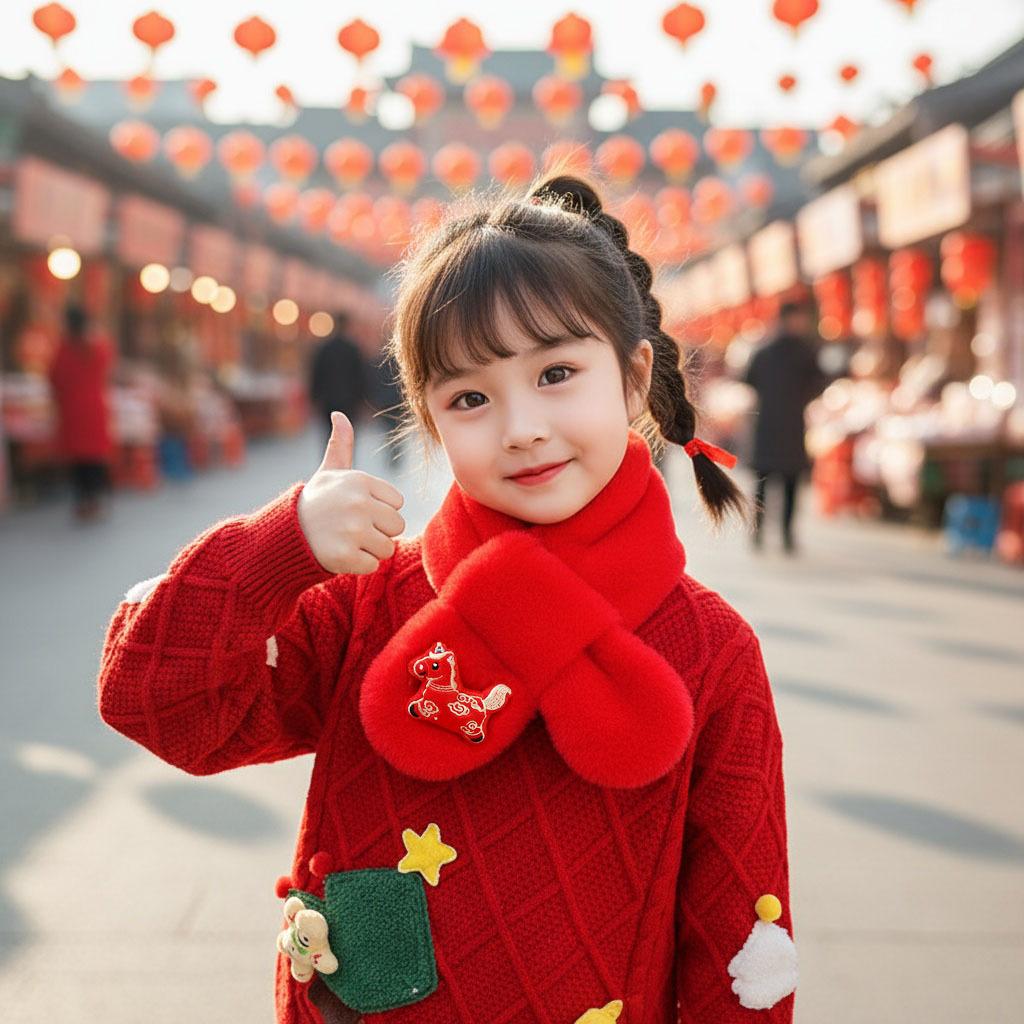 Autumn Winter Children'S Scarf Chinese Style Zodiac Animals Red Scarf Cartoon Pony Plush Neck Warm Scarves New Year Gift