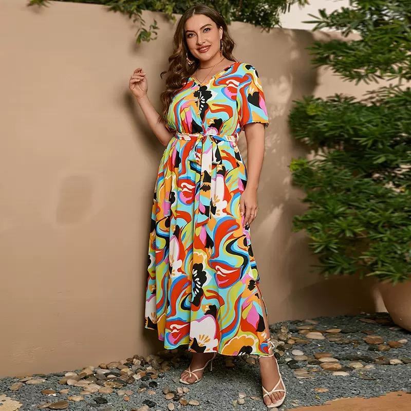 Plus Size V Neck Floral Print Boho Dress Women Summer Short Sleeve Maxi Dresses Holiday A-line Female Belted Dress