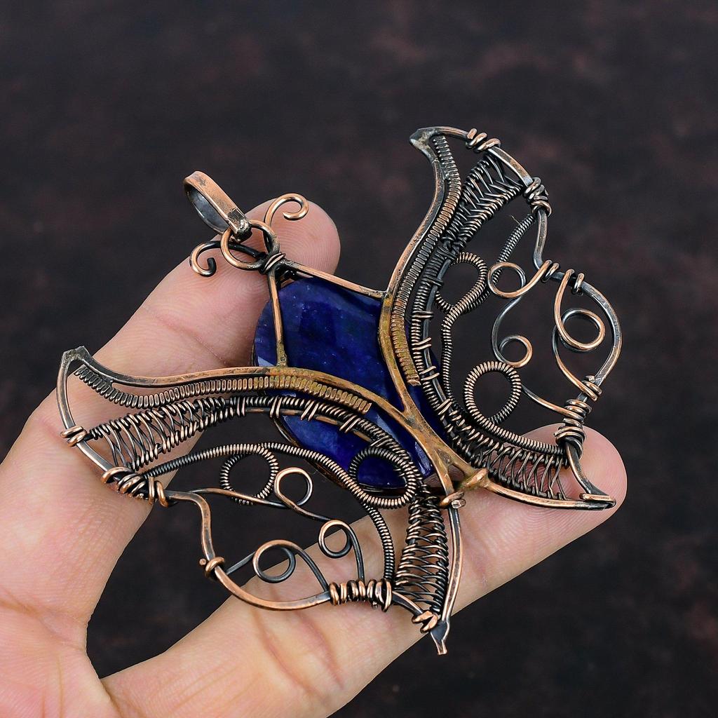 Faceted Blue Sapphire Pendant Copper Wire Wrapped Handmade Pendant Butterfly Pendant Gemstone Copper Jewelry Gift For Him Wire Wrap Jewelry