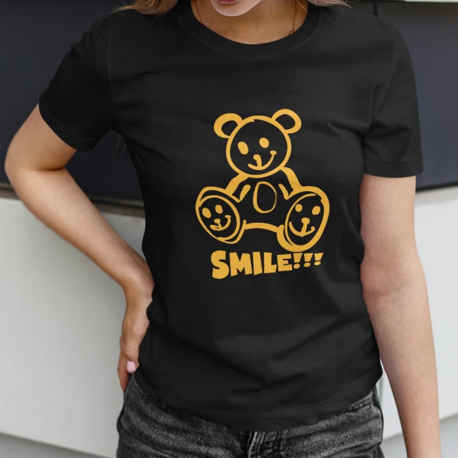 Women s Short Sleeve T Shirt  SMILE!!!  Trendy with Cheerful Teddy Bear Print S чёрный