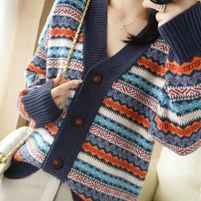 Sweaters Coat Cardigan for Women Winter Stripe Fleece Thickened Loose Long Sleeve Knit Sweaters Coat