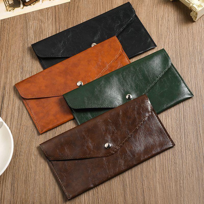 Vintage Leather Cash Envelope Wallet Long Wallet Snap Button Money Holder Minimalist Clutch Purse for Men Women