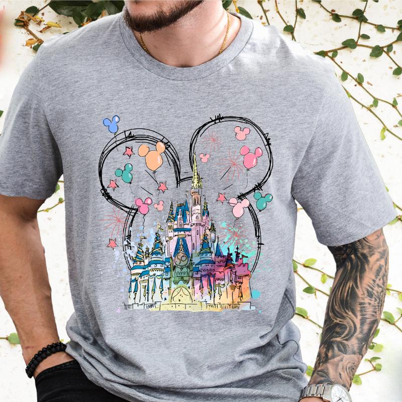 Watercolor Mickey Castle Print TShirts Crew Neck Breathable Fashion Casual Travel Short Sleeve Tops for Unisex and Women