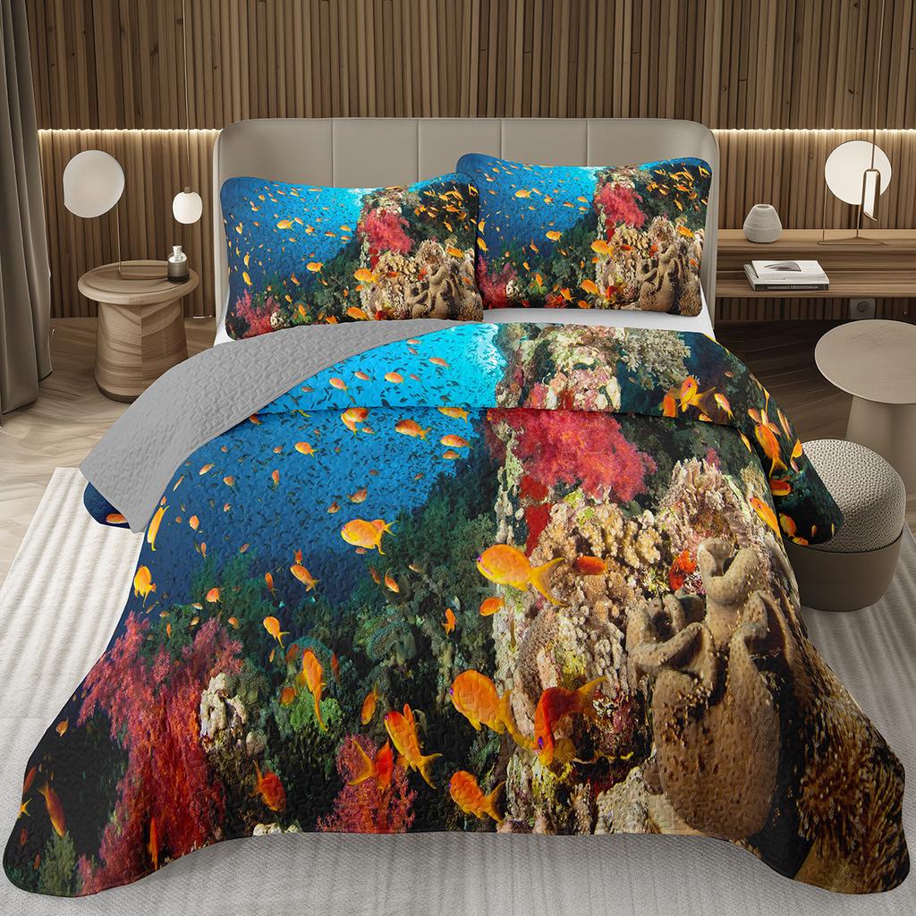 Fish Bedspread Twin Queen Ocean Marine Theme Coverlet Set for Boys Girls Teens Room Soft Lightweight Sea Animal Quilted Bedding