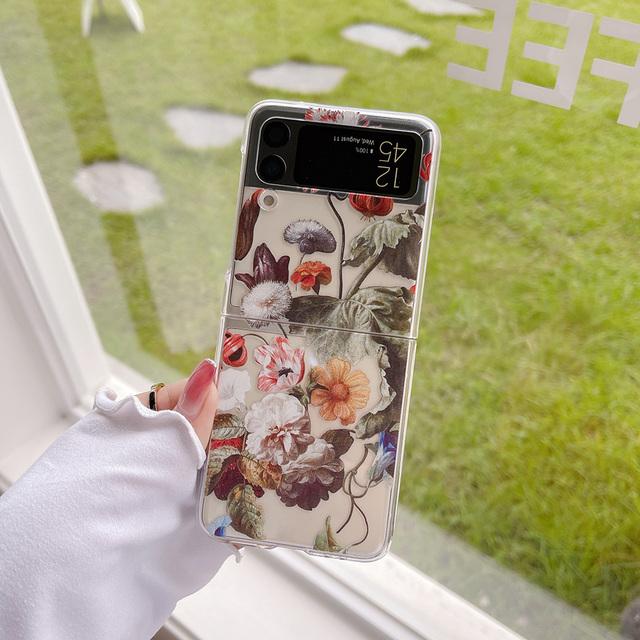 Niedliche Retro-Ölgemälde-Blumenmuster-Handyhülle für Samsung Galaxy Z Flip 4 3 5g, transparente Hart-PC-Abdeckung
