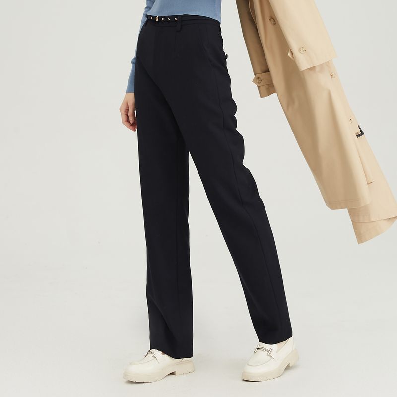 

Obeg Spring and Autumn High Waist Work Clothing Wool Wide-Leg Straight Pants Midnight Blue 155/XS/34