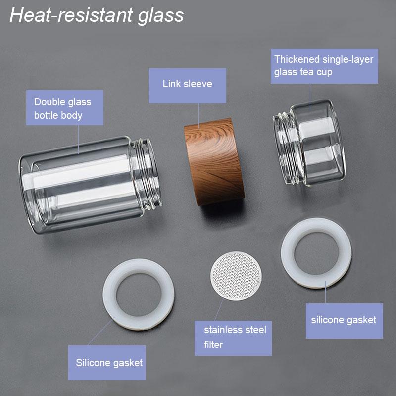 BORREY Skleněná láhev na horký čaj Skleněná láhev s dvojitou stěnou na vodu Creative Tea Skleněná láhev na oddělování vody Láhev na čaj do kanceláře 200 ml