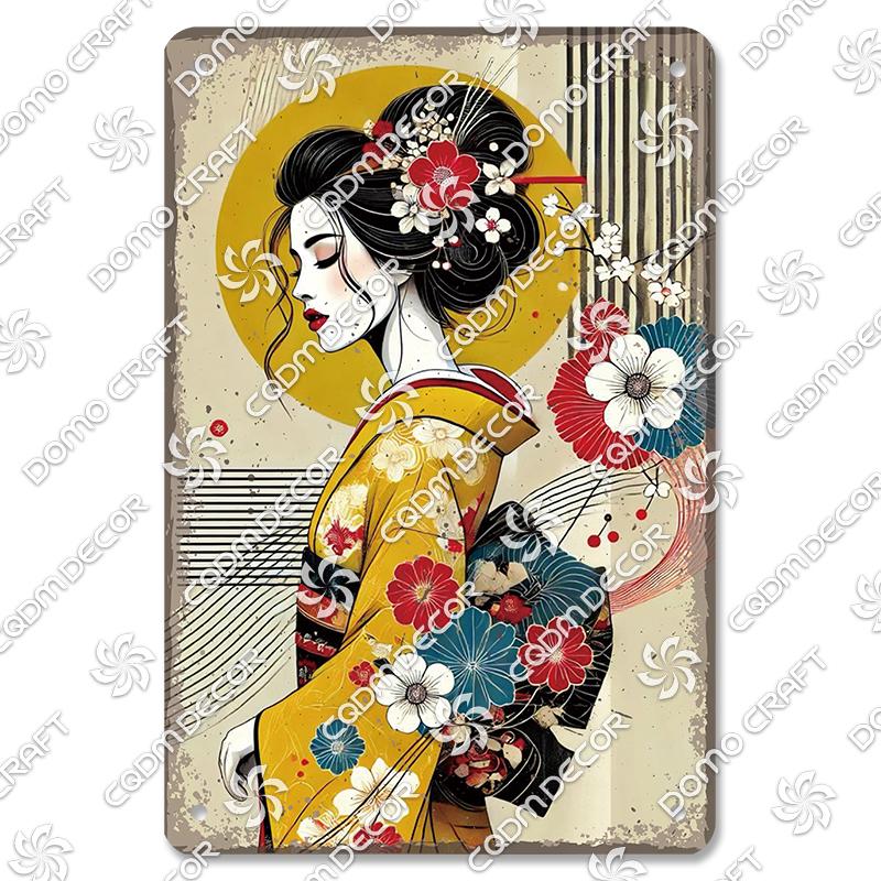 Retro Japanischer Stil Poster Metall Blechschilder Kimono Schönheiten Japanischer Samurai Vintage Metallplatte Wanddeko Club Bar Man Cave