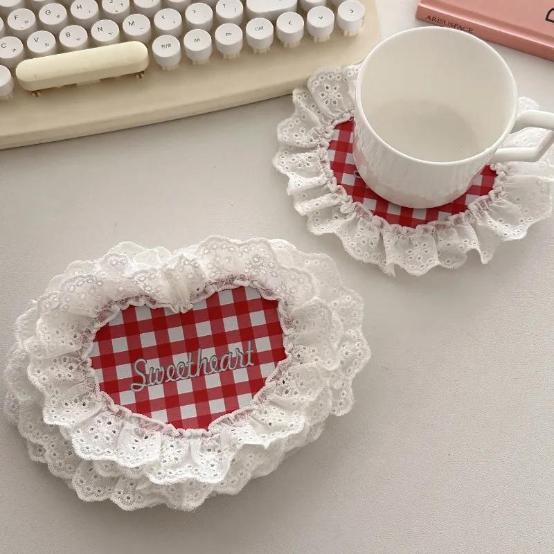 Heart Shaped Lace Coasters Sweetheart Plaid Cup Mats Multi Purpose Drink Coaster Tableware Decoration Kitchens Accessories Gifts