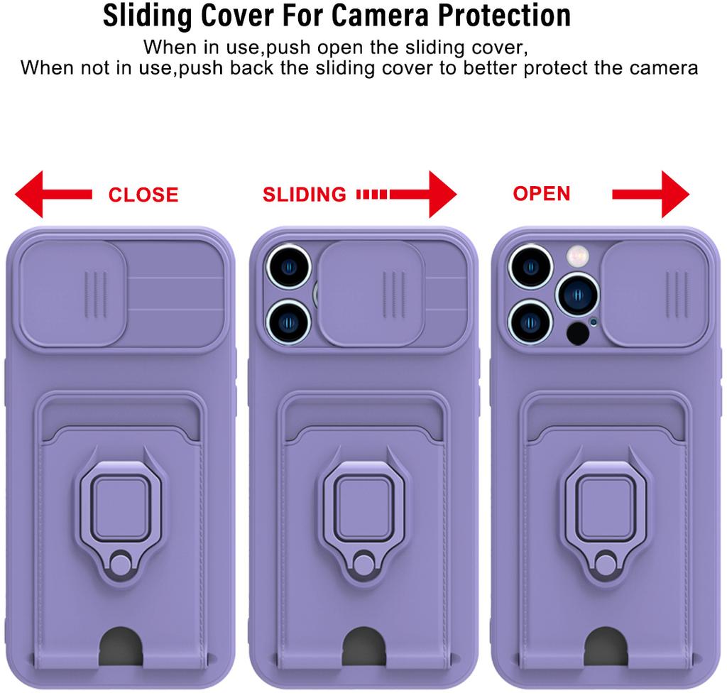 Luxury Slider Lens Privacy Protection Phone Case For iPhone 17 16 E 15 14 13 12 11 Pro Max Plus Magnetic Ring Card Holder Cover