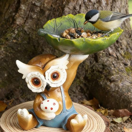 Owl Statue Bird Feeder Resin Decorative Bird Feeder Outdoor Cute Owl Bird Feeder for Garden Balcony Yard Front Porch Decoration