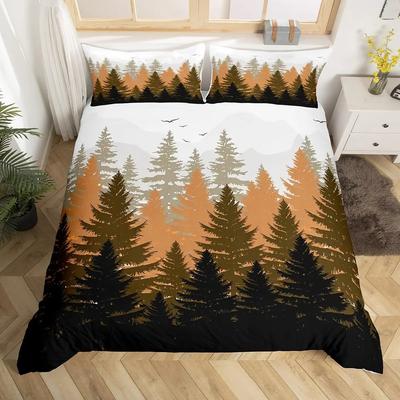Smoky Mountain Duvet Cover Pineforest Quilt Cover Twin King Woodland Tree Natural Scenery Bedding Set for Boys Girls Rustic Room
