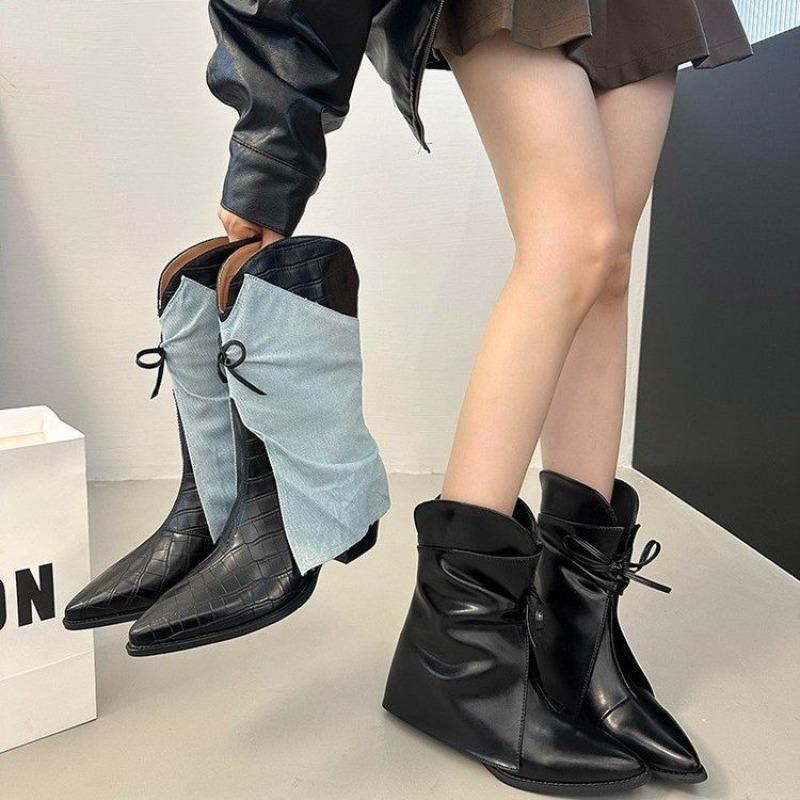 2025 Autumn/Winter New Pointed Bowknot Western Cowboy Boots European American Women's Slipsole Chelsea Mid-calf Skirt Boots