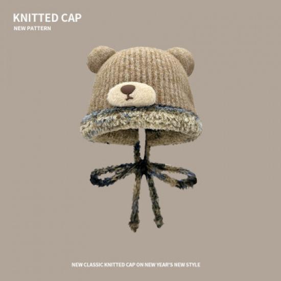 Bear Knitted Hat for Women, Winter Korean Style Versatile Thickened Woolen Hat, Ear Protection for Riding, Cold-Proof Lei Feng Hat