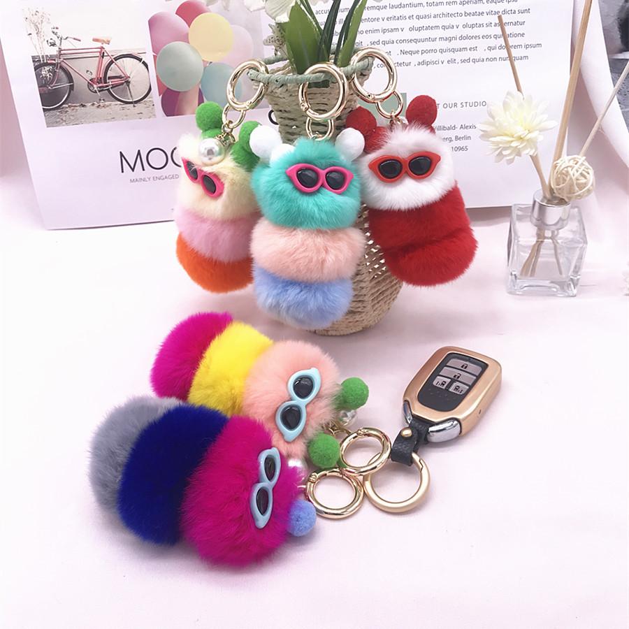 Rex Rabbit Colorful Caterpillar Plush Bag Pendant Keychain Creative Cute Female Mink Jewelry Gift