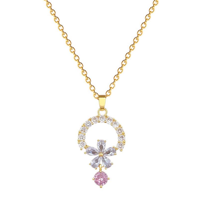 Titanium Steel, Round Flower Fringed Zircon Temperament Gorgeous Full Diamond Necklace Female Versatile Collarbone Chain Titanium Steel Chain