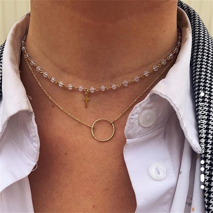 Jewelry Double-Layer Bead Chain Hollow-Out Simple Small Round Bead Chain Metal Ring Pendant Collarbone Necklace Female