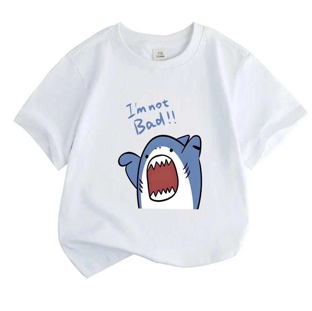 Toddler Kids Boys Girls 100% Cotton Short Sleeve Crew Neck T-Shirt, Cute Cartoon Naughty Shark I'm Not Bad Print Casual Soft Breathable Top for Daily