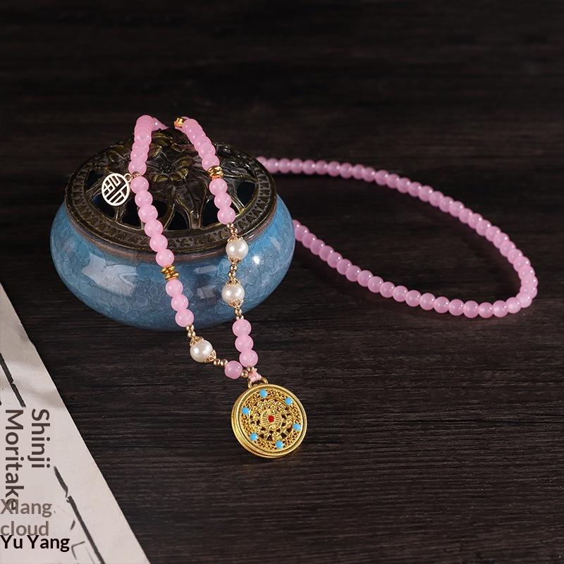 Chinese Style Pearl Necklace Hanfu Accessory Zinc Alloy Hollow Carved Pendant Long Chain Necklace