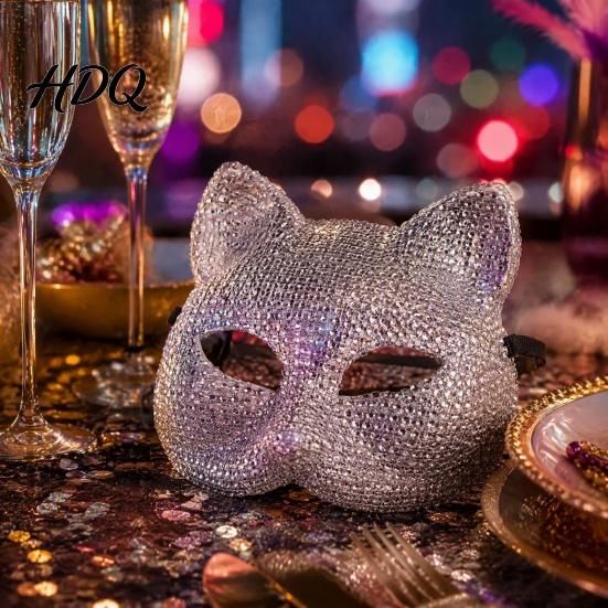 Cosplay Costume Props Full Rhinestone Halloween Mask Sparkling Skull And Cat Face Half Mask Adjustable Elastic Straps for Carnival Theme Dances Shiny