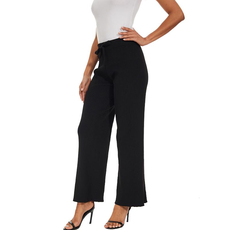 Women Spring Autumn Knitted Wide Leg Pants Solid Long Trousers Elastic Waist Sweatpants