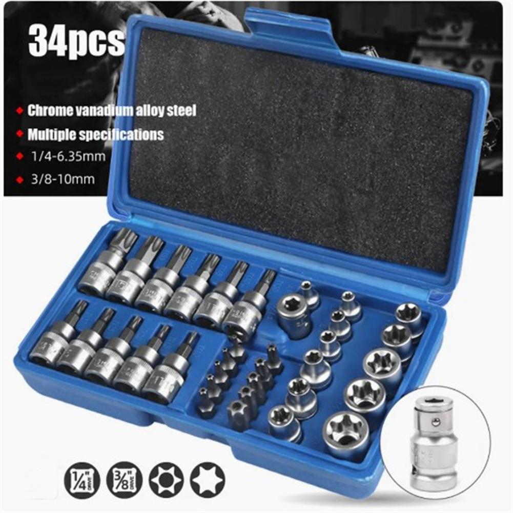34Pcs Torx Star Sockets Security Bit Set 5/16" Hex Socket Screw 3/8" Ratchet Wrench Socket Bit Set Screw Combination Tool