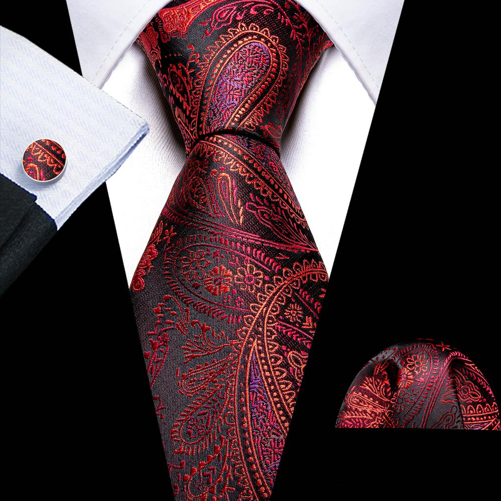 Barry.Wang Necktie Hankerchief Cufflinks Set Black Paisley Jacquard Woven Wedding