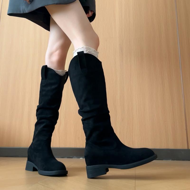 

Cowhide version 2025 autumn and winter new retro round head suede wide tube boots women s thick heel knight boots versatile medium tube boots women 34
