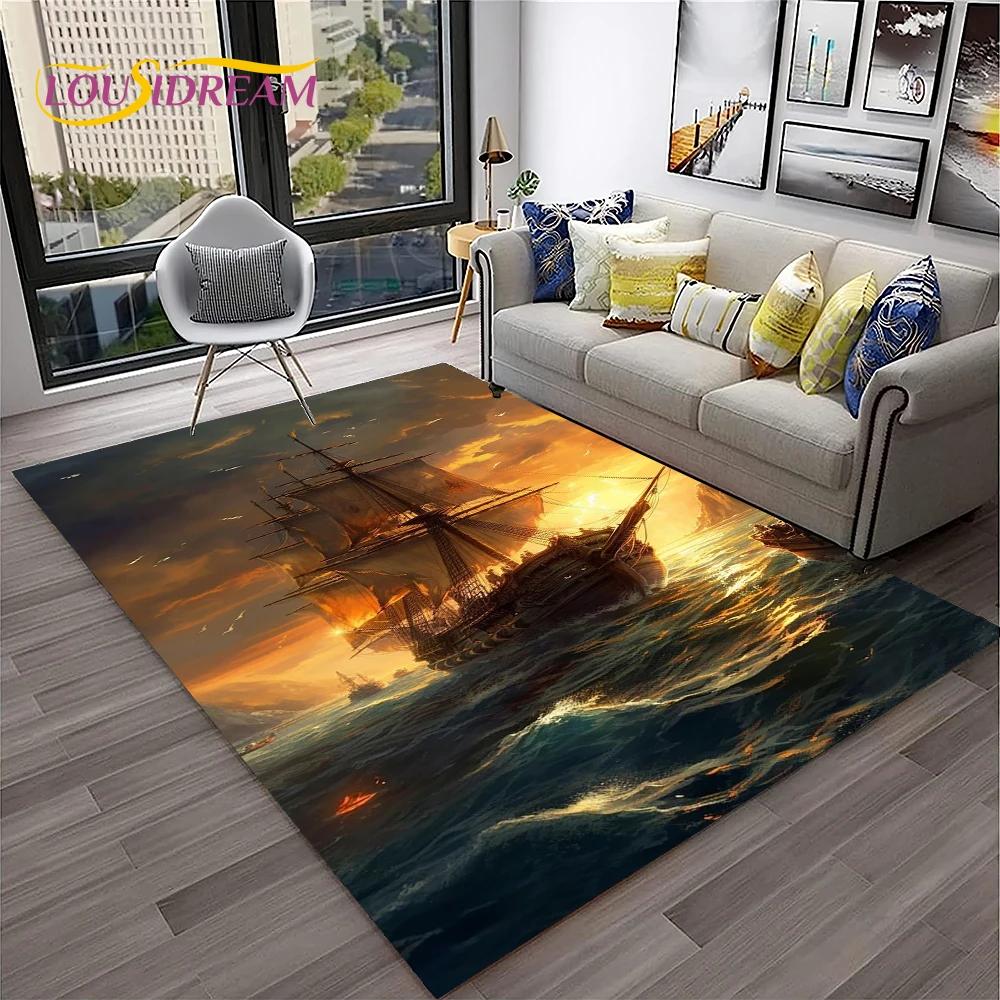 3D Piratenschiff Boot, Segelboot, Barke Teppich für Zuhause Wohnzimmer Schlafzimmer Sofa Fußmatte Dekor, Kinderbereich Teppich Rutschfeste Bodenmatte