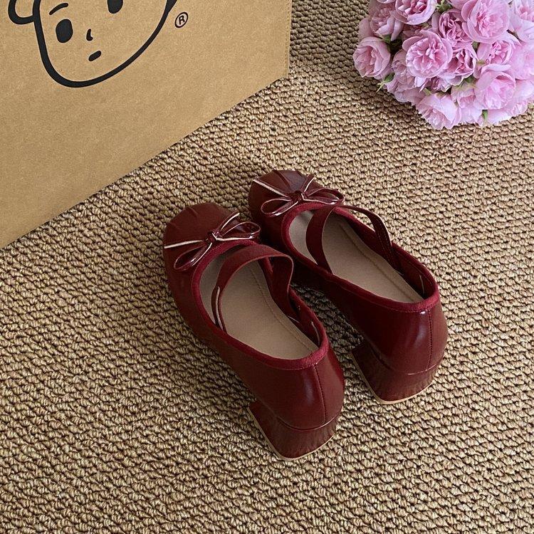 French Ballet Single Shoes Women's Sweet Bow Red Silk Small Leather Shoes Round Head High Heel Mary Jane Single Shoes Women