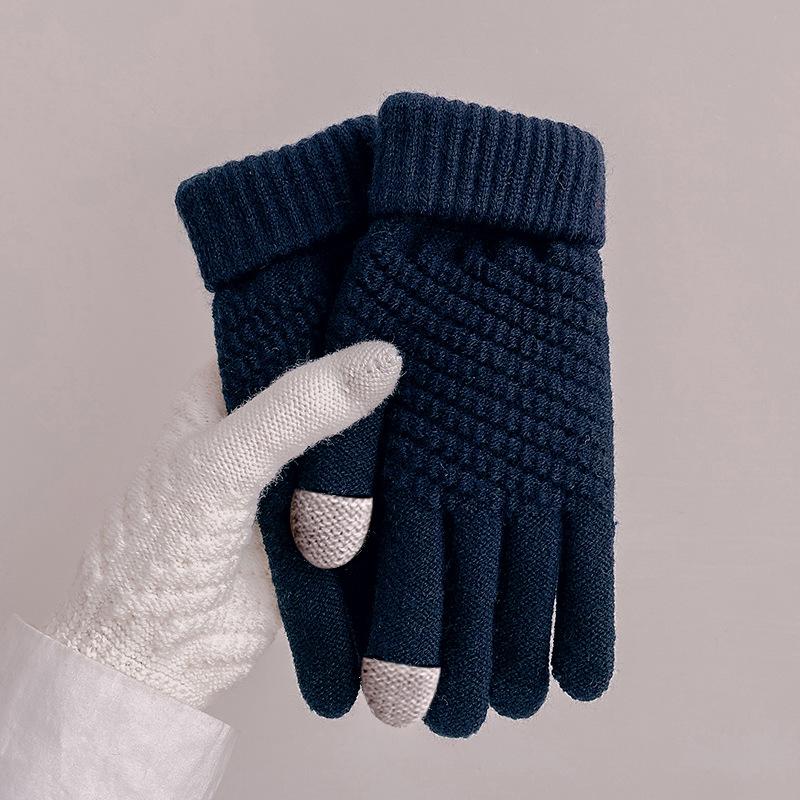 

Осенне-зимние теплые перчатки для студентов, вязаные из шерсти, утолщенные бархатные, холодостойкие, для велоспорта, жаккардовые, без пальцев, с сенсорным экраном, для женщин тёмно-синий