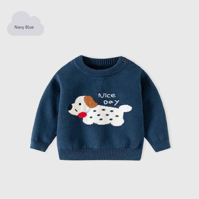 Cute Puppy Simple Children s Knitwear Autumn and Winter Boys  Sweater Warm Top Baby Boy Round Neck Sweater Navy Blue-Bd929 120