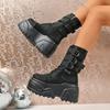 Fashion Punk Style Thick Bottom Women's Boots Belt Buckle Round Toe Height Increasing Lace-Up Fashion Women Shoes High Heels Short Botas