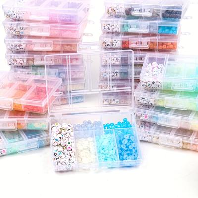 1 Set 6 Gitter 6 mm Acrylperlen-Buchstaben-Set, flache kreisförmige transparente Polymer-Ton-Perlen für die Schmuckherstellung, Set mit DIY-Armband-Halskette, elastische Seilbox
