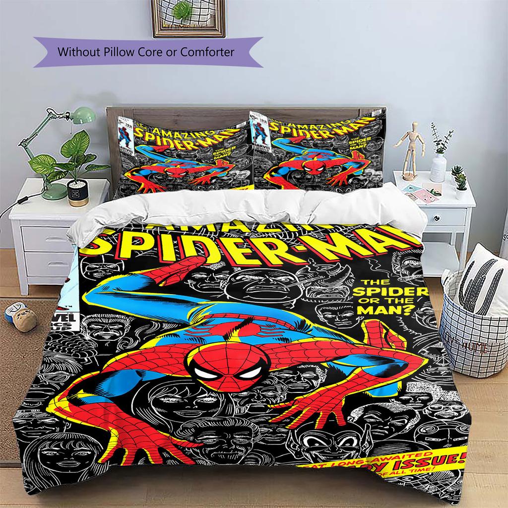 Superhero Series Spider-Man Cartoon Pattern Bedroom Three-piece Duvet Cover Bedding Set for Children.