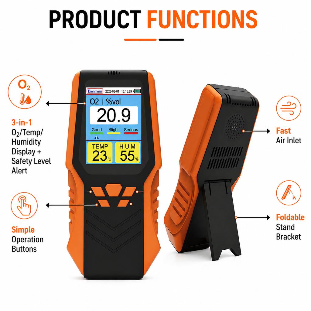 Portable Handheld O2 Detector, 0-30%Vol Oxygen Gas Monitor with 1.5s Fast Response, Temp & Humidity Tester 14H Long Working Suitable for Home Camping
