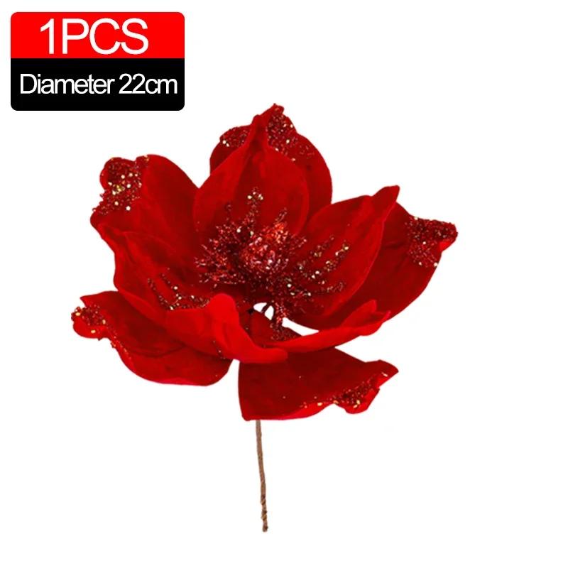 

1/10pc Artificial Glitter Christmas Flowers Red Poinsettia Xmas Tree Hanging Ornament Glitter Magnolia Fake Flower Wedding Party