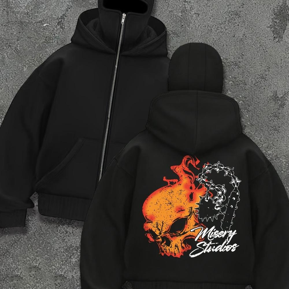 Double Hat, Double Neck Men's and Women's Fashionable Street Style Hooded Sweatshirt with Printed Zipper Pattern Sweatshirt