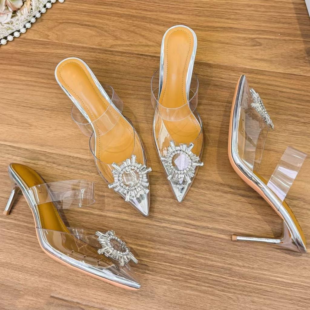 Fashion Ins' Super Popular Transparent Pvc Sexy See-Through Silver Pointed-Toe Sun Buckle Back Empty European And American Women'S Sanda